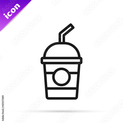 Black line Milkshake icon isolated on white background. Plastic cup with lid and straw. Vector
