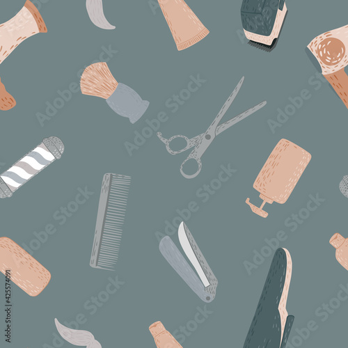 Seamless pattern hairdressing in doodle on gray background.