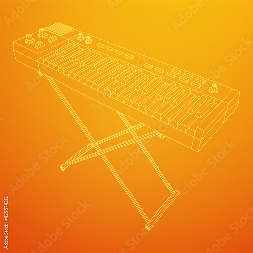 Piano roll analog synthesizer faders buttons knobs. Wireframe low poly mesh vector illustration.
