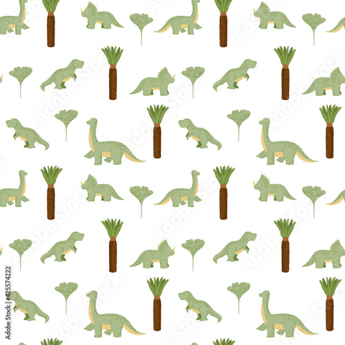 Dinosaur seamless pattern on white background. Cute texture characters dino for fabric.