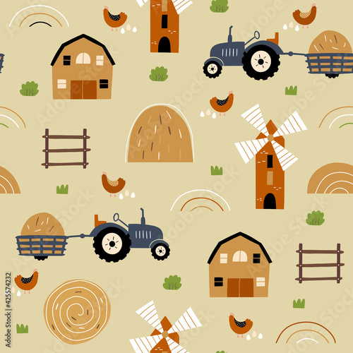 Farm seamless pattern. Background with car tractors and houses. Use for print, wallpaper, kids clothes, fashion. Vector illustration.