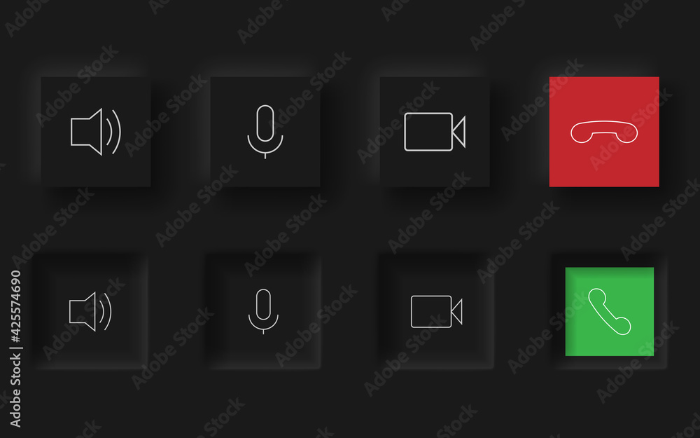 Black buttons in Neomorphism design style. Communication buttons set modern buttons. Vector Black buttons in Neomorphism design style. Communication buttons set modern buttons. Vector