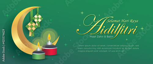 Hari Raya Aidilfitri banner design. Golden crescent moon, ketupat & pelita oil lamp on green background. (caption: Fasting day celebration, I seek forgiveness, physically & spiritually)