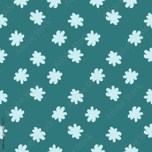 Simple style seamless doodle pattern with blue light flower bud silhouettes. Turquoise dark background.