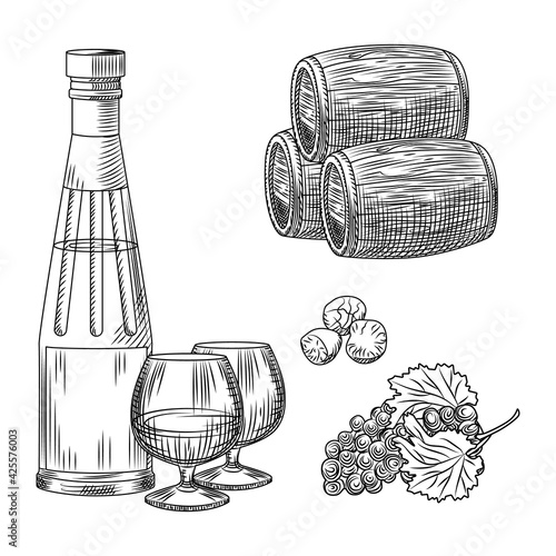 Set Greek brandy in retro style on white background. Collection cognac from Greece in style engraving. Kit alcohol grapes, barrel, glass, bottle.