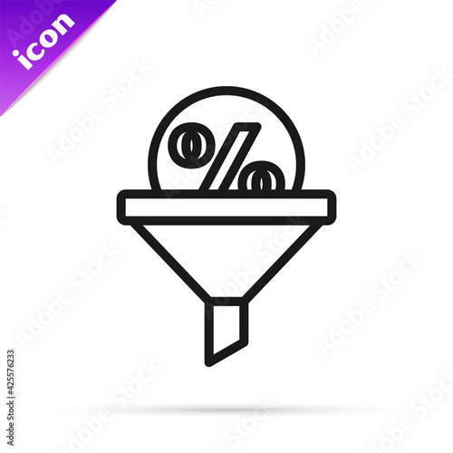 Black line Lead management icon isolated on white background. Funnel with discount percent. Target client business concept. Vector