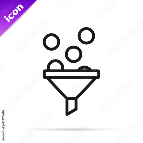 Black line Lead management icon isolated on white background. Funnel with money. Target client business concept. Vector