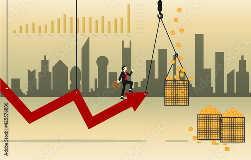Businessman walking up on red arrow grow up graph, Vector illustration flat
