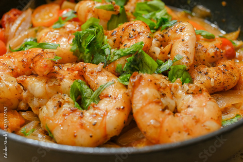 Marinated organic shrimp scampi dish 