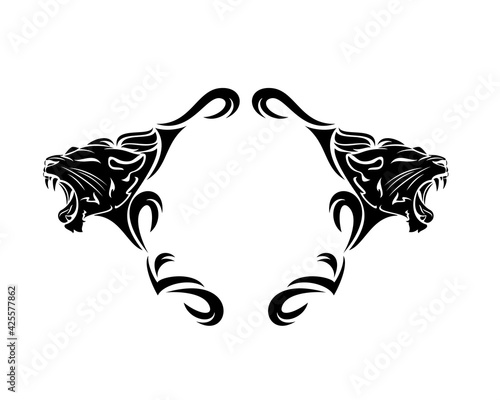 two roaring panther heads and heraldic style copy space blank  black and white vector design