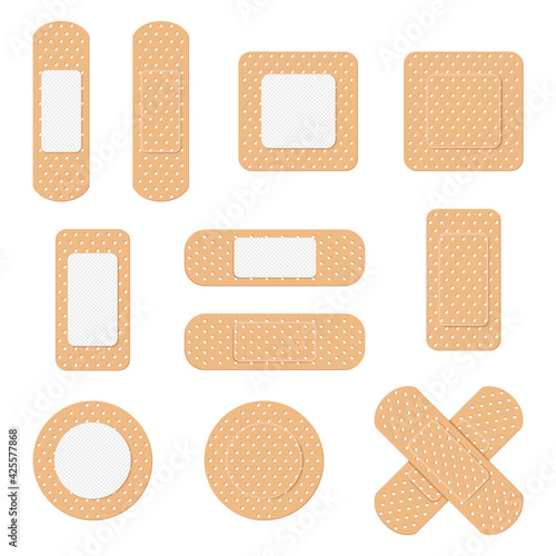 Medical plaster. Medical plasters isolated on white background. Healthcare element, plaster tape protection in different shapes. Cartoon flat style