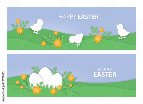 Easter holidays banner  set  cute baby chicks on meadow  easter egg hunt game  blue sky  green grass   happy animals on farm