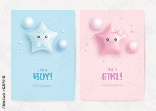 Set of baby shower invitation with helium balloons on blue and pink background. It's a boy. It's a girl. Vector illustration