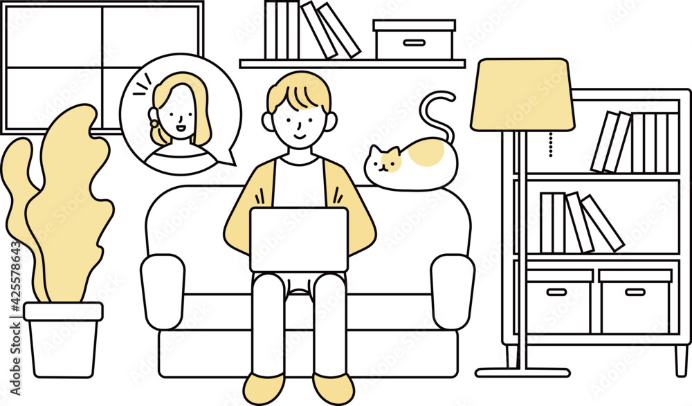 自宅のリビングでリモートワークとテレビ会議をする男性と猫のイラスト Stock Vector Adobe Stock 自宅のリビングでリモートワークとテレビ会議をする男性と猫のイラスト Stock Vector Adobe Stock