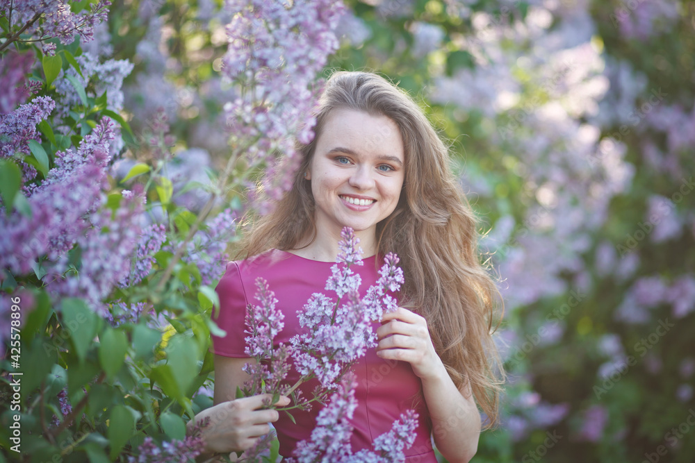 Fototapeta premium beautiful girl in a short purple dress walks in the lilac garden, leather dress, lilac bloom