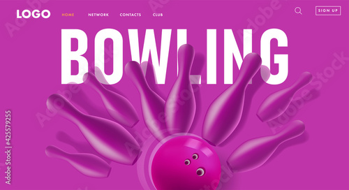 Modern web banner or poster with violet monochrome 3d bowling pins hit by ball, minimalistic modern graphic