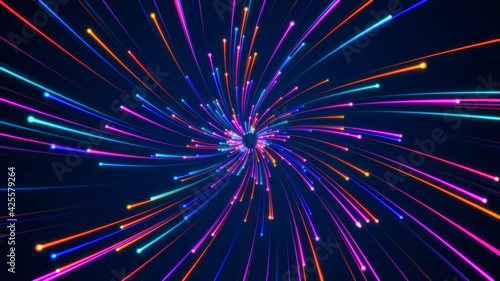 Foto Futuristic fast moving blue particle light ray, digital dynamic hyperspace techn