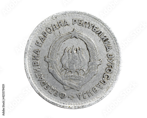 Yugoslavia one dinar coin on white isolated background