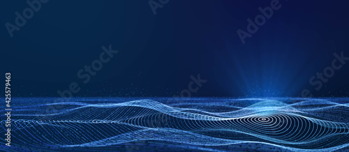 Dynamic circle grid particle wave flowing in blue cyberspace with volumetric spotlight, abstract beautiful futuristic data technology motion background with copy space for adding logo or text design