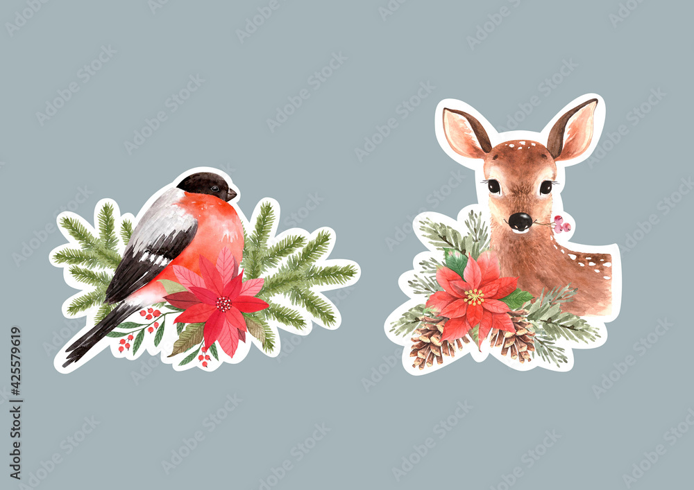 Fototapeta premium Set of watercolor Christmas illustrations with deer and bullfinch bird. hand painted stickers for new year holidays greeting cards and decor