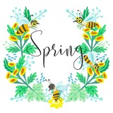 Vector beautiful spring and summer background with floral wreath and honey bees. Vector wreath in a cute doodle style.