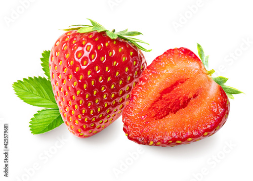 Whole and half, cut strawberries with strawberry leaf isolated on white background