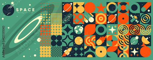 Space. Cosmos. Vector illustrations. Abstract backgrounds, patterns on the theme of space. Minimalistic vintage postcards. Wallpaper, poster, cover.
