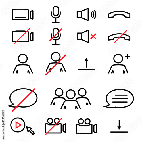 Webinar stream or video chat control icons. Speaker, microphone, video camera, phone, record and other related icons. Basic icons for Video Conference, Webinar and Video chat. Vector