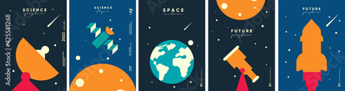 Space. Cosmos. Set of vector illustrations. Wallpaper, poster, cover. Simple flat illustrations about space and the science of the universe.