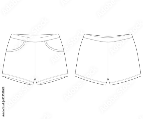 Technical sketch sleep shorts pants design template. Elastic short shorts.
