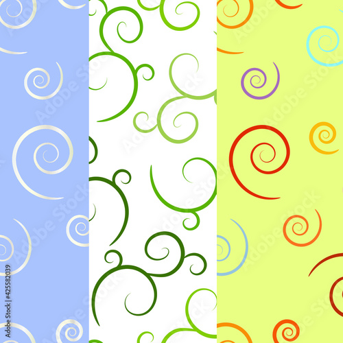 Set of three seamless floral background. Pattern of spirals. Vector design.