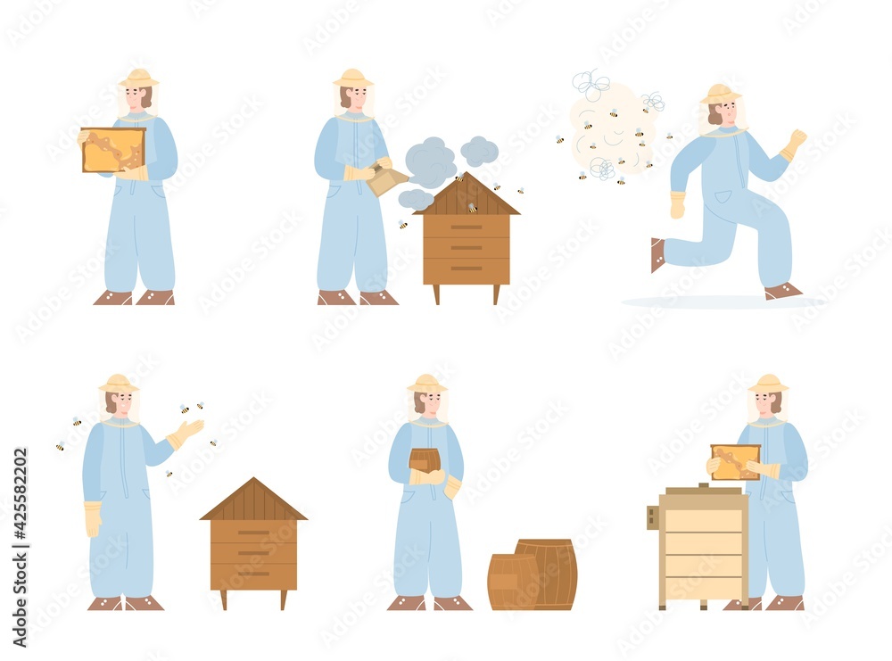 Set of beekeepers taking care of bees, cartoon vector illustration isolated. Set of beekeepers taking care of bees, cartoon vector illustration isolated.