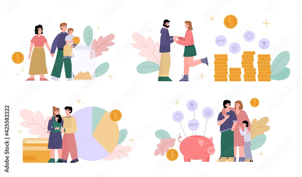 Home and family budget characters set, cartoon vector illustration isolated. Home and family budget characters set, cartoon vector illustration isolated.