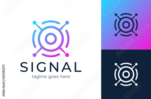 Signal logo. Modern satellite eye communication logo vector. The satellite in the space vector flat design illustration. Good concept for business connected. Logotype design