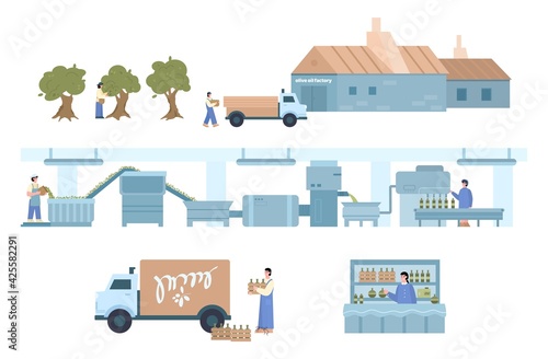 Olives and olive oil production set, cartoon vector illustration isolated.