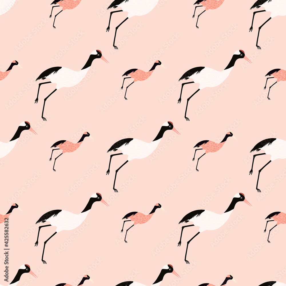 Fototapeta premium Decorative animal seamless pattern in pink and white tones with crane bird ornament. Cute zoo backdrop.