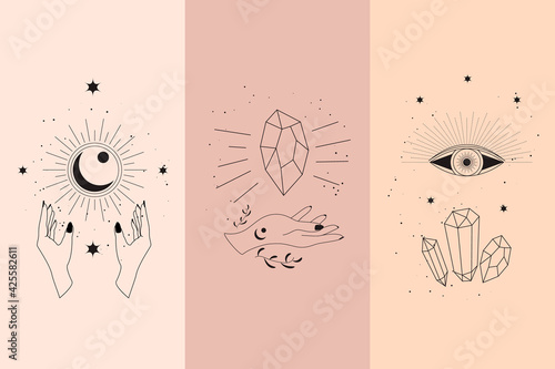 Magic diamonds and woman hands with moon crescent in boho linear style vector illustrations set