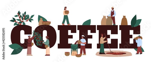 Coffee banner template with word and tiny people, flat vector illustration.