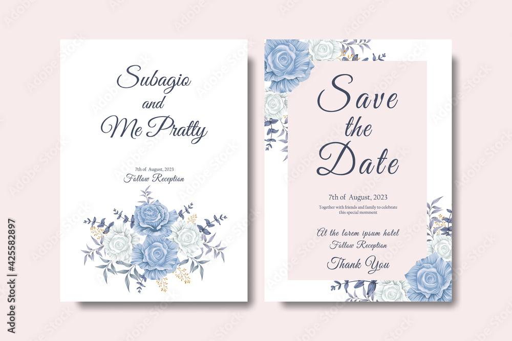 Elegant wedding invitation card with beautiful floral and leaf ornaments