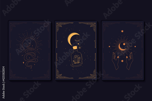 Set of mystical tarot cards. Elements of esoteric, occult, alchemical and witch symbols