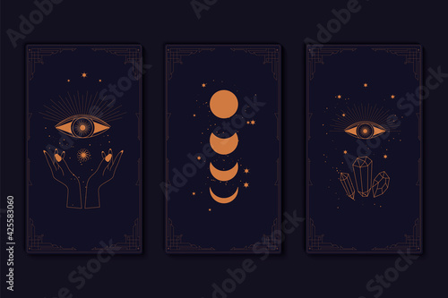 Set of mystical tarot cards. Elements of esoteric, occult, alchemical and witch symbols. Zodiac signs