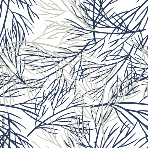 Isolated decorative nature seamless pattern with navy blue contoured tree branches silhouettes. White background.