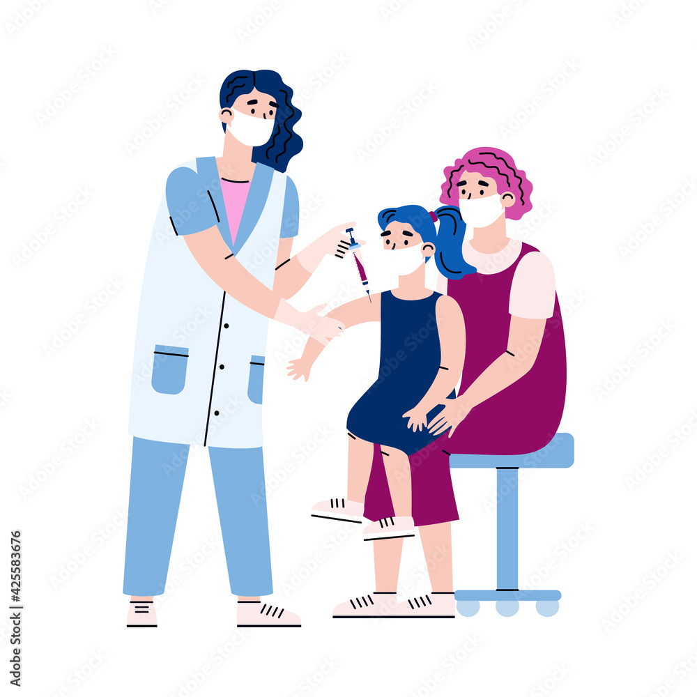 Doctor vaccinates a child who sits on mothers lap, vector illustration isolated. Doctor vaccinates a child who sits on mothers lap, vector illustration isolated.