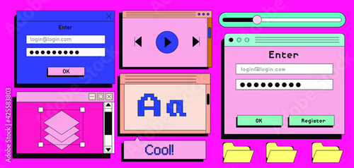 Set of retro user interface tabs and icons. Screen panels and dialog boxes of computer software.