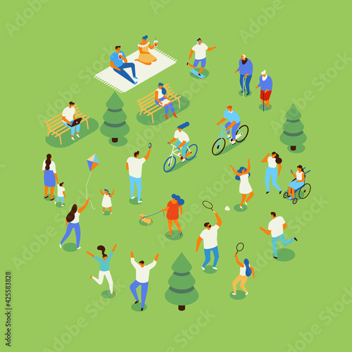 Family picnic and summer rest. People in park leisure and outdoor activity. City park isometry icons of people sitting on bench, playing and reading book vector isometric isolated elements.