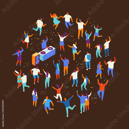 Isometric people party vector set. Young people dancing. Dj party, consert, festival