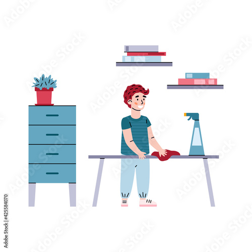 Child boy removes dust from furniture, cartoon vector illustration isolated.