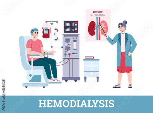 Patient connected to hemodialysis machine and doctor cartoon vector illustration.