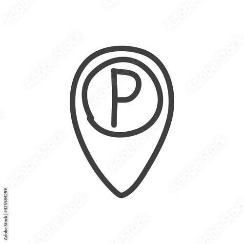 Buscar lugar de estacionamiento. Señal de parking en puntero con letra P escrito a mano con lineas en color gris