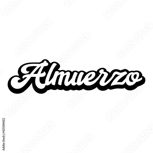 Logotipo con texto manuscrito Almuerzo en español escrito a mano con sombra en color negro